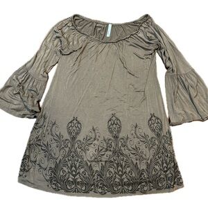 Loila Boho grey tunic damask detail bell sleeve dress sz Medium